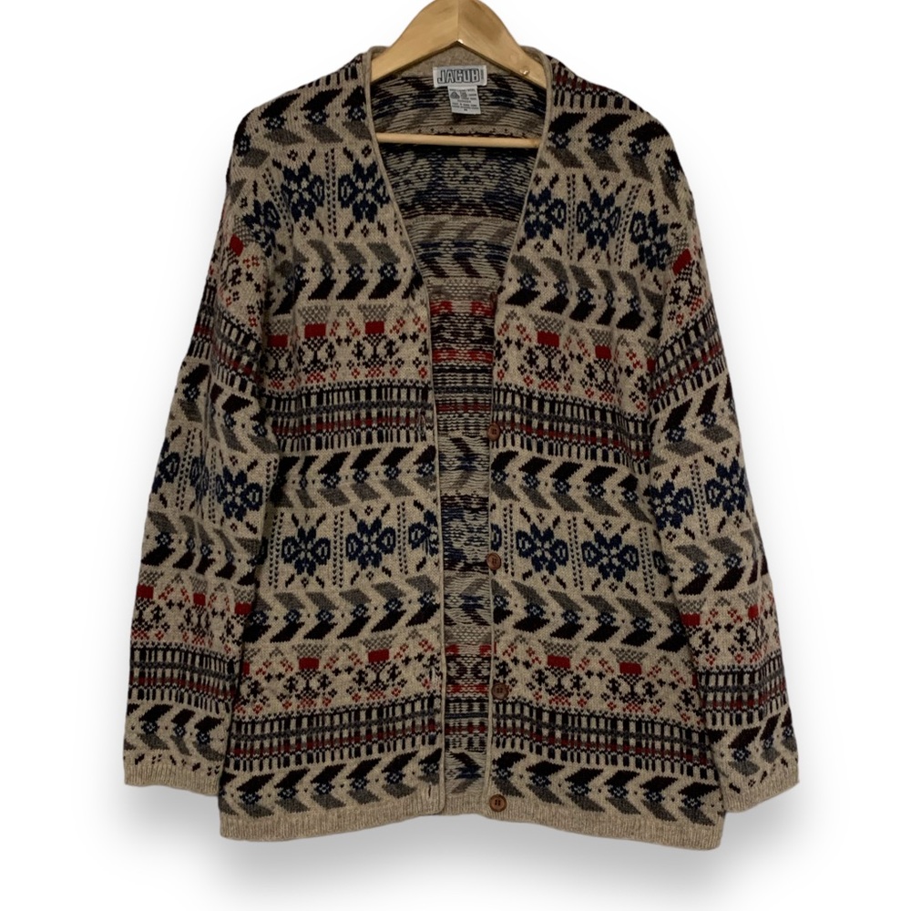 Vintage Jacob 100% Wool Button Front Cardigan in Nordic Style Pattern | Size M - Picture 2 of 10